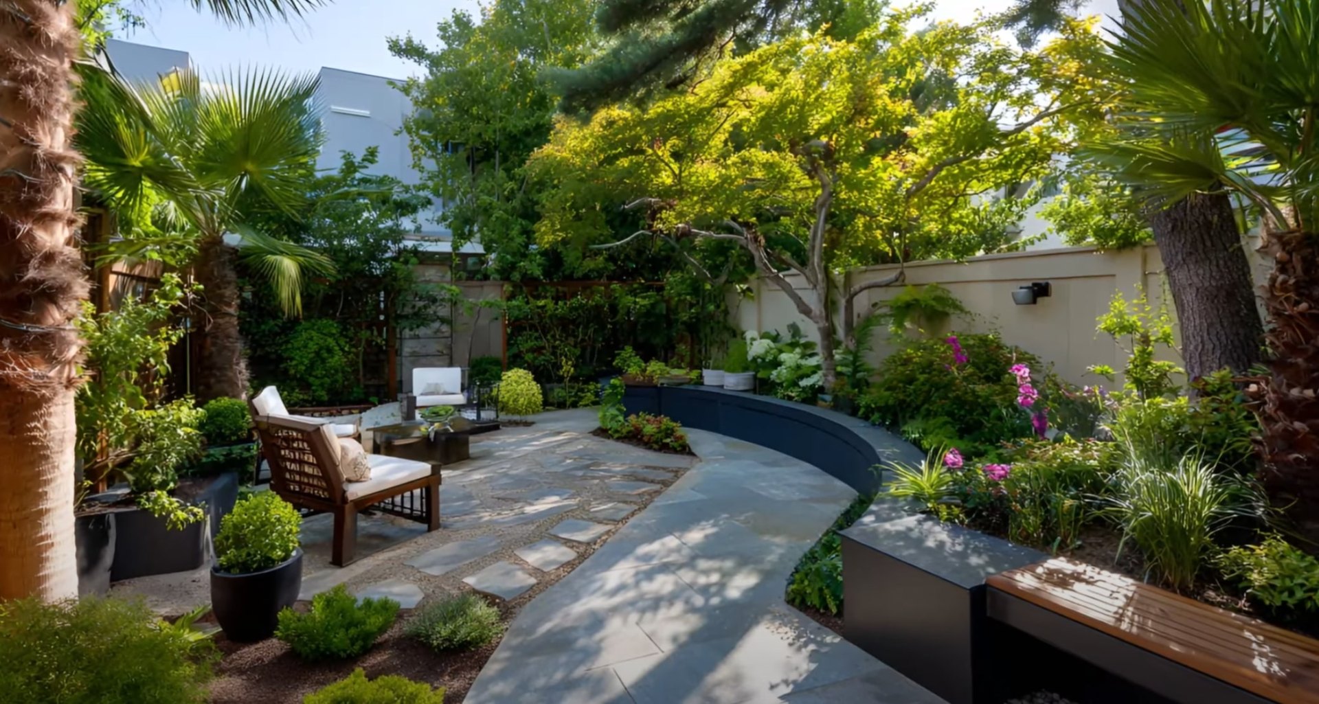 Expert lawn care services creating beautiful outdoor living spaces Modern landscaping with outdoor seating area and professional lawn care maintenance